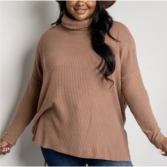 Zenana Thermal Waffle Knit Cowl Neck Hi-Low Tunic Oversized Sweater Cocoa Rayon - Picture 2 of 16